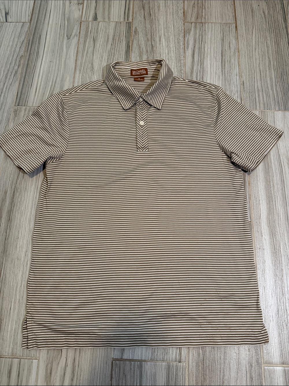 Michael Kors Men’s Brown and White Striped Polo Shirt